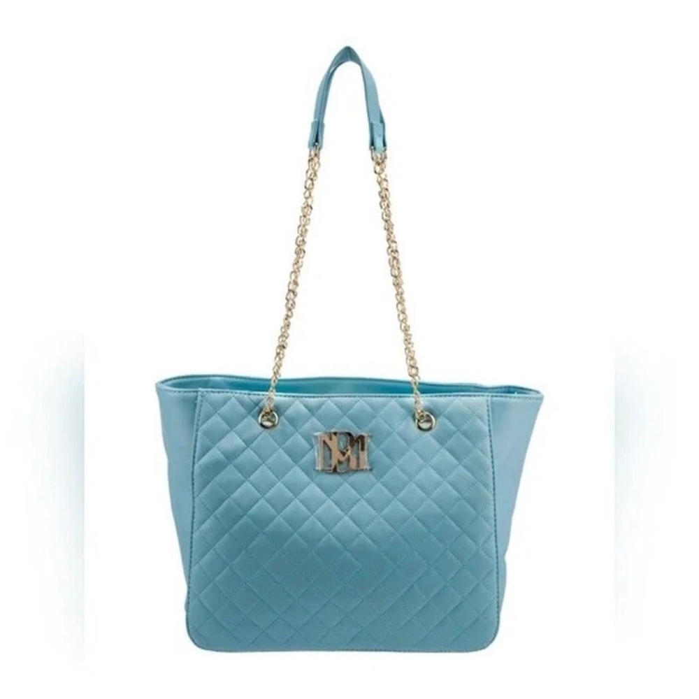 Badgley Mischka Quilted Light Blue Tote with Gold Chain Straps